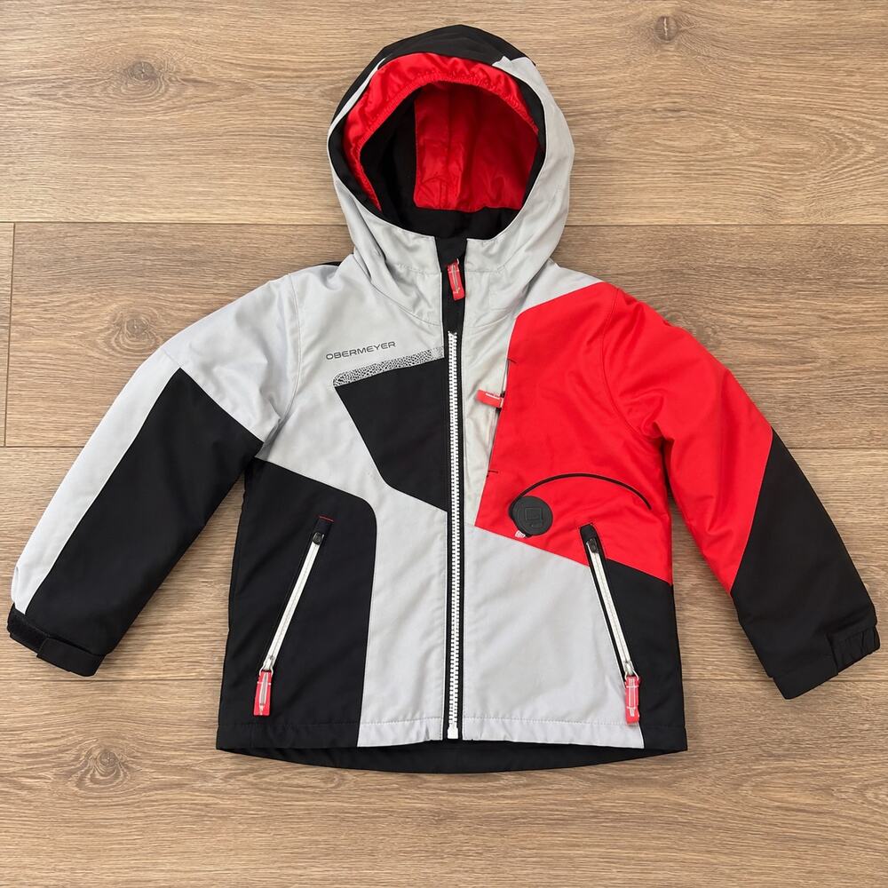 Obermeyer Kids Ski Snowboard Jacket Red Gray Black Hooded Winter Coat size 5